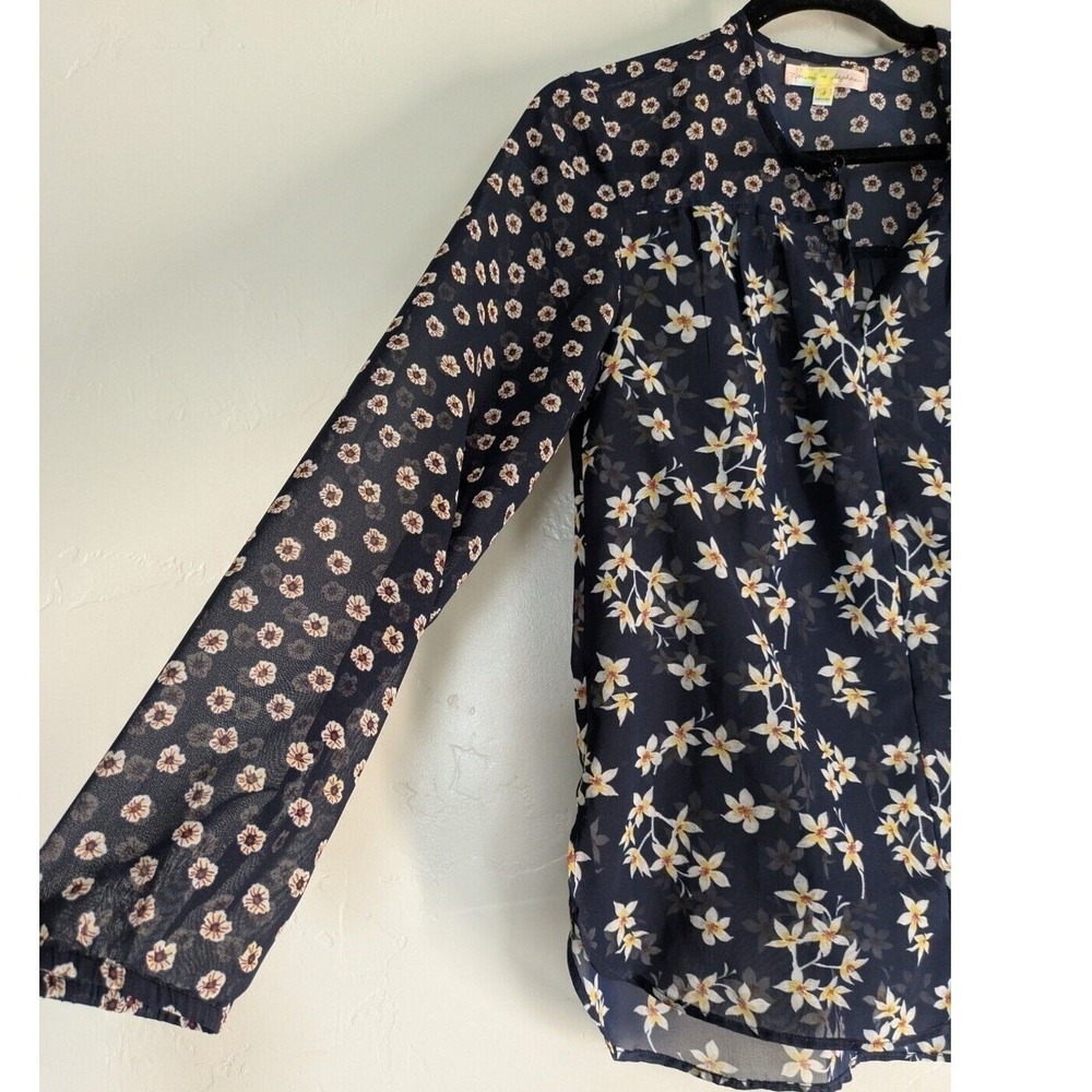 Mimi +‎ Daphne Blouse Womens Small Navy Blue Floral Sheer Boho Long Sleeve Top